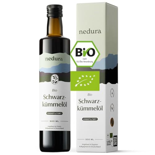 nedura® Schwarzkümmelöl BIO kaltgepresst (ungefiltert) 500ml – mit hohem Thymochinongehalt, BIO-Zertifiziert & 100% rein - täglich frisch & schonend gepresst - aus eigener Manufaktur