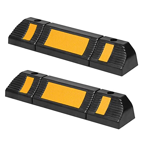 Aufun 2er Set Radstopper Parkplatzbegrenzung Anfahrschutz, Gummi Parkplatz-Markierung mit Gelb Reflektierende Streifen für Parkplätze und Garagen 60x12x10 cm