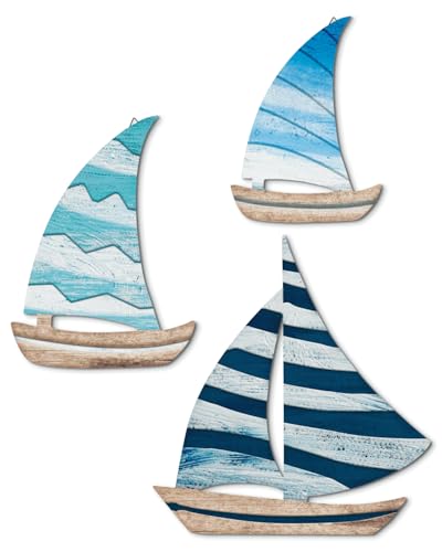 Putuo Decor Segelboot Wanddeko 3er-Set – Maritimer Stil Holzoptik – Boot Wanddekoration für Wohnzimmer, Schlafzimmer, Badezimmer, Flur, Ferienhaus,Blau