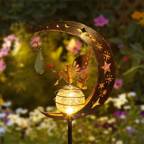 Mond Solarleuchten Garten,Freien Solarlampe für Außen,LED Glaskugel Gartenleuchte,Elfe Blumenfee Solarleuchte,Solarleuchte mit Erdspieß,Metall Mond Solar Gartenleuchte,Wasserdichte Wegeleuchte-A2
