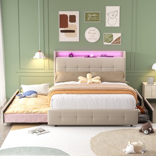 FEZTOY Doppelbett mit USB-Lade, Ausziehbett, Polsterbett mit LED Stauraum Kopfteil und 2 Schublade, 140x200 cm Stauraumbett Bettgestell, Holzlattenrost, ohne Matratze (Beige, 140x200)