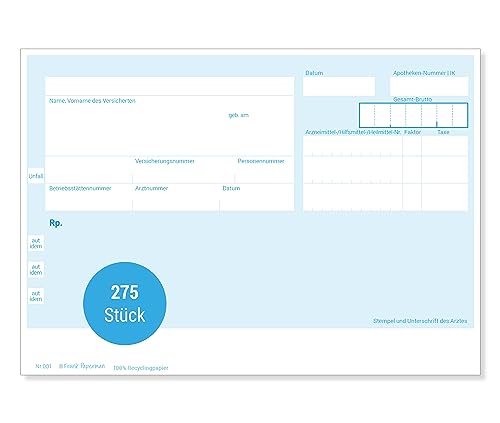 Frank Paperman® | Privatrezepte blau für Ärzte | 275 Blätter | ungeblockter Rezeptblock | im DIN-A6-Format | PZN Feld | auch ärztliches Attest genannt