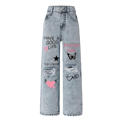 Generisch Jeans Jeanshosen für Mädchen Bootcut Elastische Taille Denimhose Kinder Jeans mit Weitem Bein Y2K Retro Style Denim Hose Casual Loose Straight Jeans 120-170