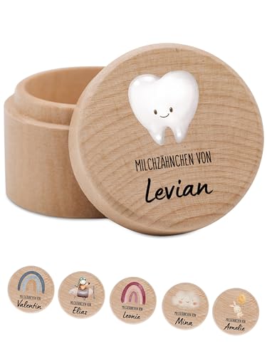 Bärenfreunde - Milchzahndose personalisiert aus Holz mit kinderfreundlichem UV-Druck - Zahndose Milchzähne als Erinnerung an die ersten Zähnchen (Zahn lächelnd)