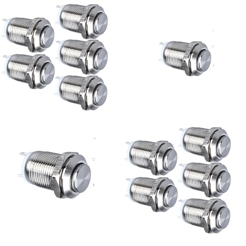 12 Stücke Edelstahl ​Taster mit IP67 Wasserschutz – Drucktaster Moment-Schalter 12mm (EIN/AUS) für 12V/24V/250V | Rostfreier ​Button mit Einbaurahmen für Industriesteuerung, Marine & Outdoor-Anwendung