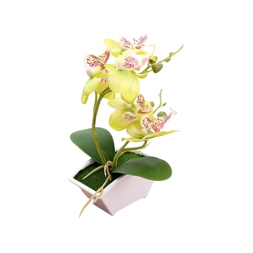 Künstliche Gelbe Orchidee mit Zwei Zinken im Topf, Silikon-Blumentopf, Phalaenopsis, Weißer Kunst-Schmetterlingstopf, Höhe 22 cm (Green)