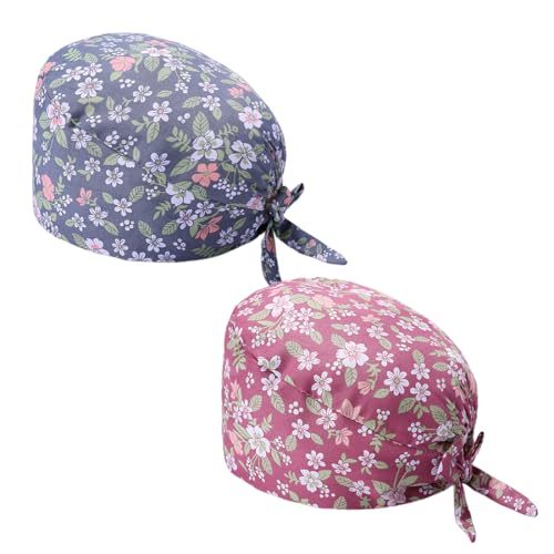 ZAMXHUG 2pcs OP Haube Verstellbar mit Knopf Arbeitskappe Baumwolldruck Krankenschwestern Kappe Unisex Staubhauben Kappe für Ärzten, Krankenschwestern