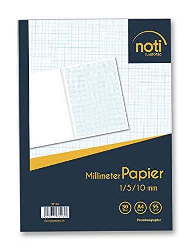 Plastoreg Millimeterpapier/Millimeterblock A4-50 Seiten Premiumpapier 95g/m² mit blauen Raster/Linien in 1/5/10mm u.a. für technische Zeichnungen
