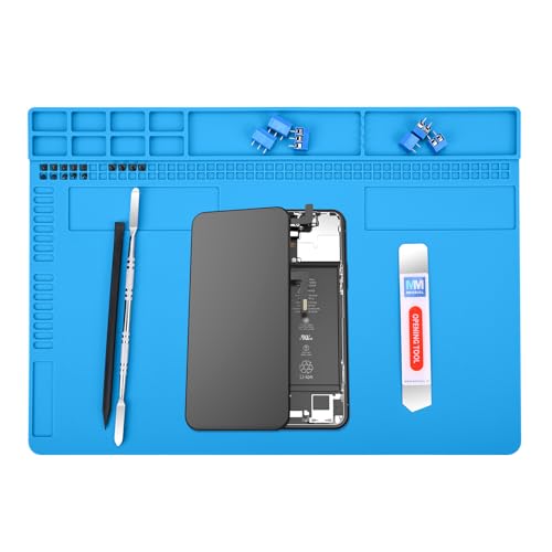 MMOBIEL Reparatur- und Lötmatte Silikon - 35 x 25 cm – Silikonmatte Hitzebeständig bis 500°C - Werkbankmatte für Lötarbeiten, Handy-, Computer- und Elektronikreparaturen - Silikon-Lötmatte – Blau