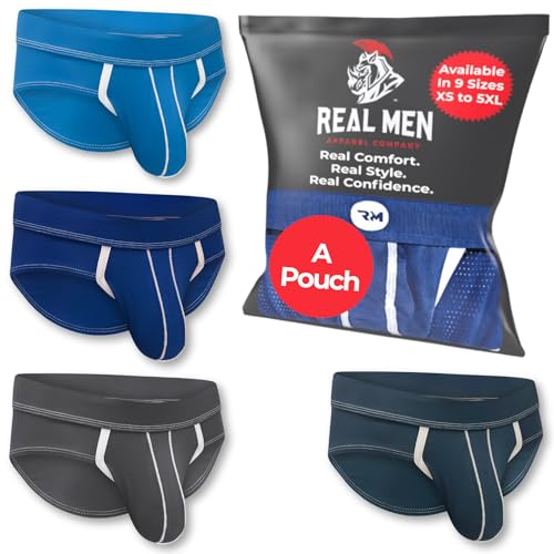 Bulge Enhancing Pouch Sport Slip Unterwäsche für Herren - 1 oder 4er Pack Ice Silk Slips mit Beutel in Größe B oder D Größe, EIN Beutel, 4er-Pack, Blau, Grau, Dunkelblau, Dunkelgrau, Small