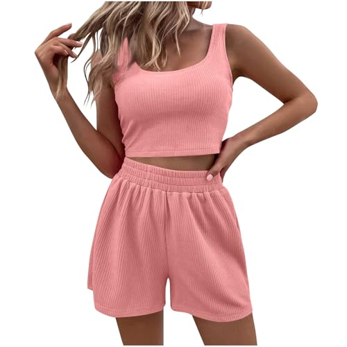 HXRYPG Outlet Amazon Damen Zweiteiler Sommer Outfits Sport Hosenanzug Casual Kleidung 2 Teiler Crop Tank Top und Shorts Y2K Aesthetic Clothes Workout Anzug Baumwolle Loungewear Set Rosa M