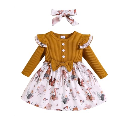 KONFEN Baby Kleidung Mädchen Kleid - Rüschen Langarm Kleider mit Schleife + Stirnband 2tlg, Gerippte Kleid Babykleidung Set Bekleidungssets Frühling Herbst Winter für 12-18 Monate (Tier Muster)