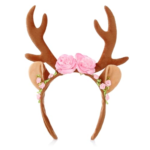 KarneLux Reh Haarreif Damen - Kostüm Accessoire für Karneval, Fasching oder Weihnachten - Rentier Geweih mit Ohren und Blumen