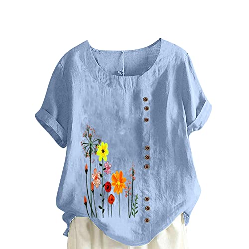 KOG Prime - Damen Shirt Elegante Leinen Tuniken Casual Kurzarm Bluse Frauen Longshirt Lässig Grafik Drucken Pullover Asymmetrischer Ausschnitt Sommer Tunika Blitzangebote des Tages Hellblau L