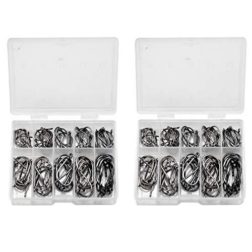 Cozlly Angelhaken, 200 Stück Kohlenstoffstahl Angelhaken Set in 10 Größen, Angelhaken mit Widerhaken, Angelhaken mit Öse, Angelzubehör mit Kunststoff Organizer Box (3# - 12#)