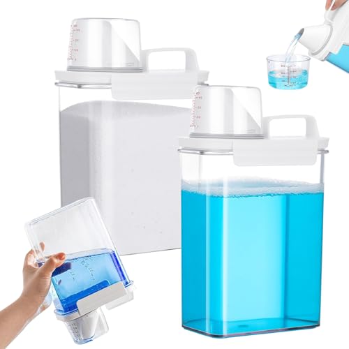 Waschmittel Aufbewahrung, 2 Stück 1800ml Luftdichter Waschmittelspender, Waschpulver Aufbewahrung, Transparente Waschpulver Aufbewahrungsbox, Aufbewahrungsbox mit Messbecher, für Waschmittel