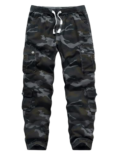 APTRO Herren Cargo Hose Camouflage Hose Elastische Taille Arbeitshose Lange Baumwolle Leichte Hose mit 8 Tachen LT40 Camo Schwarz XL