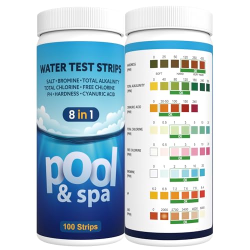 AKSBTEC Pool Teststreifen Salz 8 in 1, Pool Salzgehalt Messen Schnell Pool Wassertester für Salz, Ph, Chlor, Cyanursäure, Härte, Brom, Pool Tester Poolzubehör für Schwimmbäder, SPA, Whirlpool
