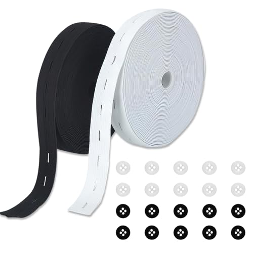 2 Rollen Gummiband mit Knopfloch, 8m x 15mm Nähen Elastischen mit Löchern Knopfloch Elastische Spule mit Knopfösen zum Nähen zum Nähen Stricken Taillenbändern mit 20 Harzknöpfen Schwarzen Weiß
