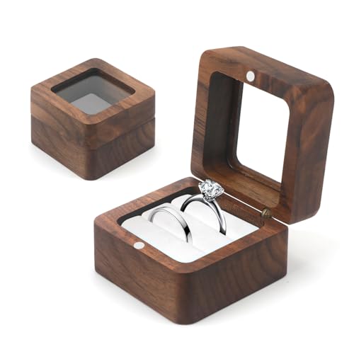 Ring box Hochzeit, Ringschachtel, Ringkissen hochzeit, Ringschatulle, Ringbox Holz, Ring Box aus Walnuss mit Transparentem Sichtfenster und Weiß Samt Verkleidung, Ringbox 2 Ringe weiß, Verlobung