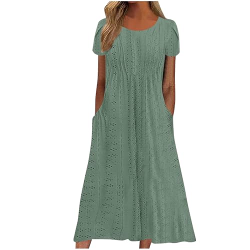 EMATOP Damen Sommer Midikleid Lässig Kurzarm Strandkleid Lange Elegant Sommerkleid Knielang Tunika Kleider Luftig Leicht Shirtkleid mit Taschen Freizeitkleid Hohe Taille A Linie Kleid für Frauen