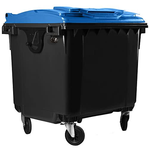 Bauer Müllcontainer mit 4 Rädern mit Flachdeckel, Deckel im Deckel, Müllgroßbehälter, Abfalltonne, Mülltonne, Volumen: 1 100 Liter, Grau/Blau, Größe: 1 344 x 1 370 x 1 070 mm