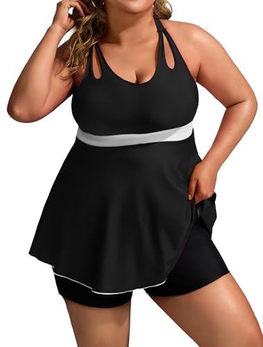 Hanna Nikole Damen Bademode Übergrößen Tankini Set Gekreuzter Rücken V-Ausschnitt Badeanzug Kleid mit Slip Badeanzug Schwarz einfarbig 46 Große Größen