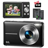 Digitalkamera 44MP 1080P FHD Fotokamera Kompaktkamera 16X Digitalzoom Fotoapparat mit 32GB Speicherkarte, Digital Kamera für Kinder, Teenager, Anfänger, Jungen, Mädchen(Schwarz)