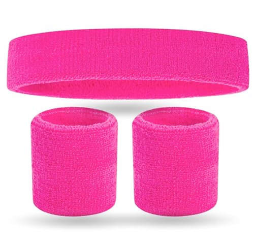 3er Set Schweißband Set pink & Stirnband: Accessoire Vokuhila Kostüme Retro-Neon-Stil - 80er & 90er - Fasching und Karneval