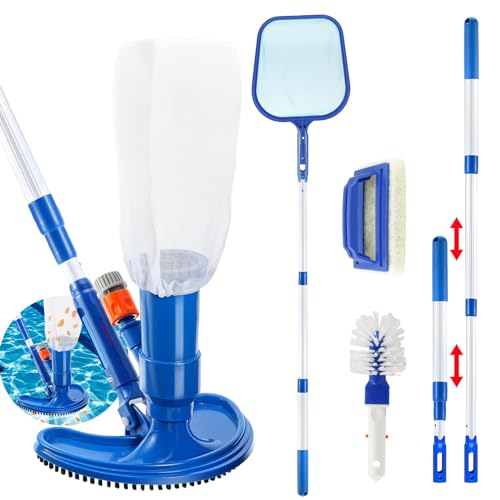 Pool Bodensauger Set, Tragbarer Jet Vacuum Head Pool Staubsauger mit Teleskopstange und Saugbürste Auffangsack, Pool Reinigungsset mit Scheuerbürste und Skimmernetz für Blätter Schmutz Sand Schlamm