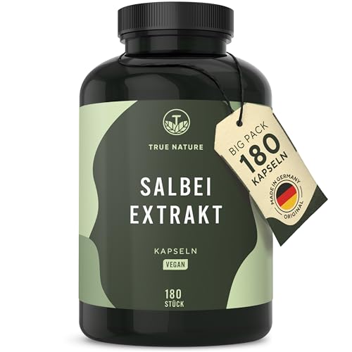 Salbei - 180 Kapseln - Hochdosiert (10:1) - 6000 mg Salbei Extrakt pro Tagesdosis (Salvia officinalis) – Vegan, ohne Zusätze - TRUE NATURE®