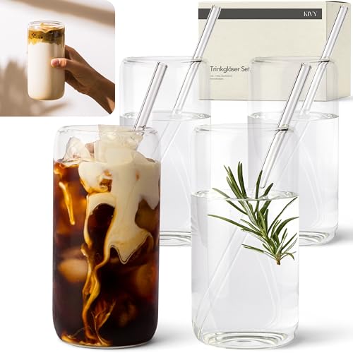 KIVY Trinkgläser Set mit Glas Strohhalm [4x 450ml] Für Eiskaffee, Wasser & Cocktails - Longdrinkgläser Set - Eiskaffee Gläser - Kaffeegläser - Iced Coffee Glas - Kaffee Gläser Set - Matcha Glas