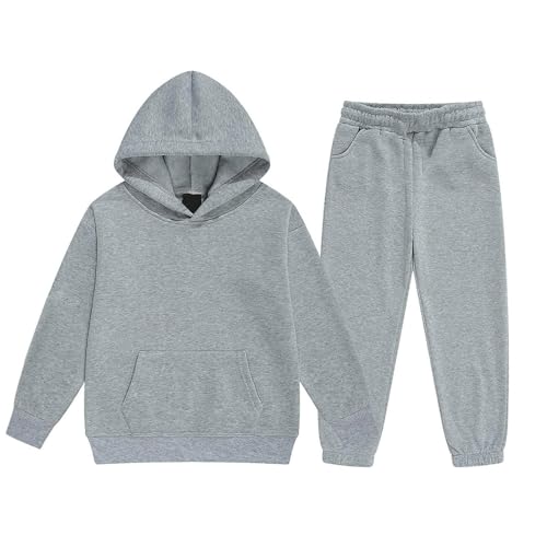 Jogginganzug Mädchen Jungen 2 Teiliges Einfarbig Trainingsanzug Sportanzug Kapuzenpullover Jogginghose Bekleidungsset Outfits Sets Sport Hoodie Jogging Anzug Freizeitanzug für Kinder 152 Grau