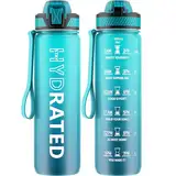 QLUR Trinkflasche, 1L BPA-Frei Tritan Wasserflasche mit Strohhalm, Trinkflasche Sport Auslaufsicher mit Zeitmarkierung und Bürste, Sportflasche für Fitness, Büro, Schule, Yoga, Outdoor(1 Flasche)