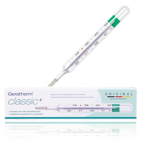 GERATHERM classic plus Fieberthermometer analog plus Aufbewahrungshülle mit Lupeneffekt/leichtes Ablesen der Messwerte/Glasfieberthermometer ohne Quecksilber und ohne Batterien/Made in Germany