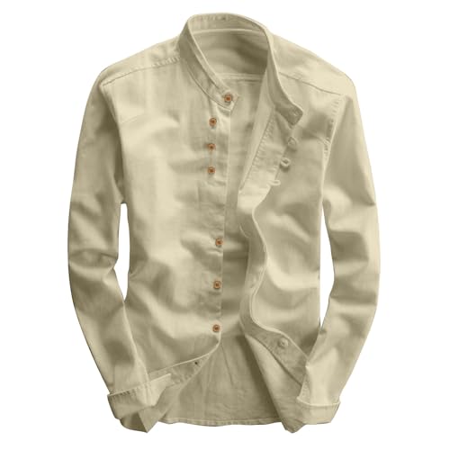 Faonkeew Herren Hemd Premium Soft Leinen Japan Stil Casual Langarm Stehkragen Hemdjacke Vintage Button Shirts Katana Skjorte Regular Fit Button Up Freizeithemd