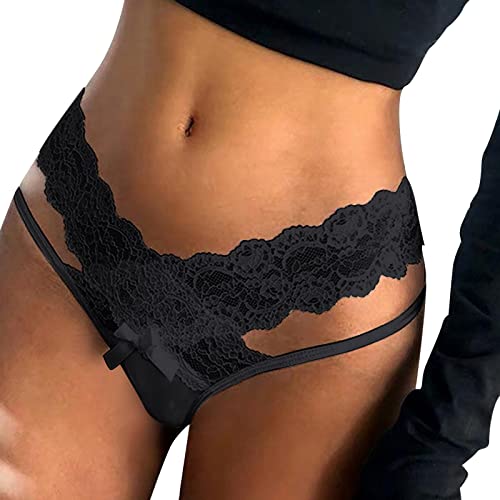 Frauen Sexy Blumenspitze Mesh Höschen Low Rise Transparent Plus Size Unterwäsche Schubladen Unterwäsche (Black, XL)
