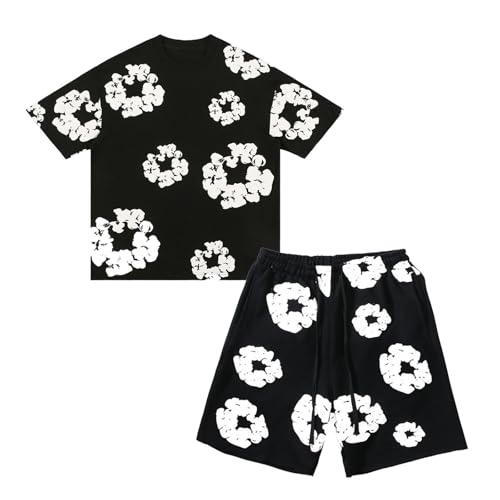 Jungen T-Shirt und Shorts Set 2 Teiliges Sommer Trainingsanzug Jogginganzug,Y2K Hip Hop Kurzarm T-Shirts und Hose, Unisex Sommer 2-Teilig Outfit Sportanzug, Denim T Jogginganzug Jungen mit Blumen