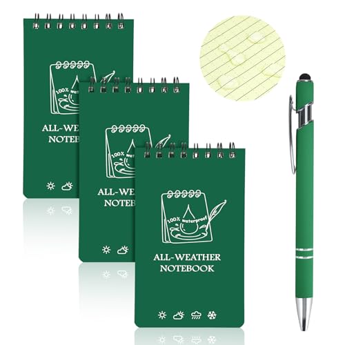 OT-NVWOZR Wasserdichte Notizblock mit Stifte, 3 x 5 Zoll Taktisches Notizbuch Allwetter-Notizblöcke mit Top-Spiral, Tasche Pocket Steno Blöcken mit Raster für Aktivitäten im Freien (3, dunkelgrün)