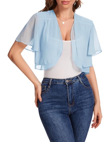Bbonlinedress Bolero Damen festlich Chiffon Strickjacke elegant Kurzarm Casual Bolerojacke Offene Vorderseite Schulterjacke Blue L
