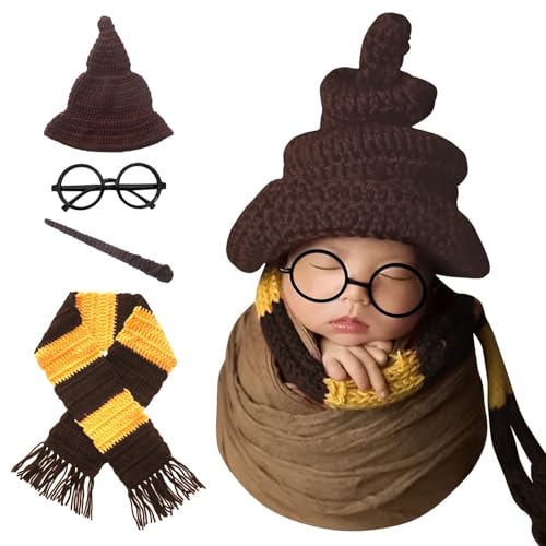 Xanewza 4 PCS Neugeborene Fotografie Requisiten Set Halloween Zauberer Hut Schal Zauberstab Brille Rahmen Häkeln Baby Foto Requisiten Halloween Baby Kostüm Magic Party