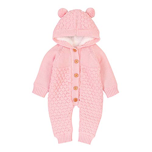 VICROAD Baby Strampler Gestrickter Overall Babykleidung Kapuze mit Süßen Ohren für Jungen Mädchen Neugeborene