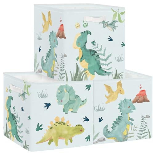 Clastyle 3 Stück Dinosaurier Kinder Aufbewahrungsbox Blatt Stoff Jungen Mädchen Aufbewahrungskorb mit Griffen Spielzeug Aufbewahrungswürfel Organizer für Bücher Kleidung, Vulkane, 30x30x30 cm