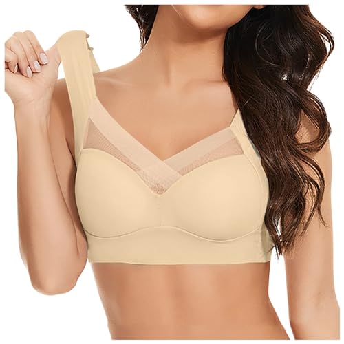 2025 - Damen-Tanktop, groß, trägerlos, aus Spitze, Unterwäsche, dünn, seitlich gefaltet, seitliche Brustfalte, Verstellbarer BH Bustier (Beige, XL)