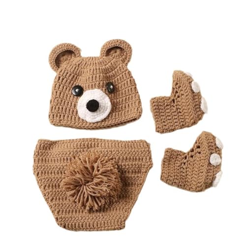 Riiichflowshop 3-teiliges Bärenkostüm für Neugeborene weiches und warmes Strick-Outfit mit passendem Outfit für Baby-Fotoshootings