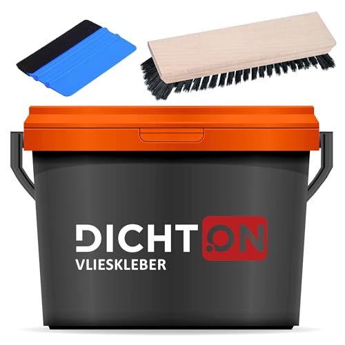 Vlieskleber 5kg Gewebekleber + Rakel + Tapetenbürste - Tapetenkleister, Kleber Vliestapeten, Vinyl, Textiltapeten - lösemittelfrei, trocknet fleckenfrei, Tapeten Fertigkleister © DICHTON D.89W