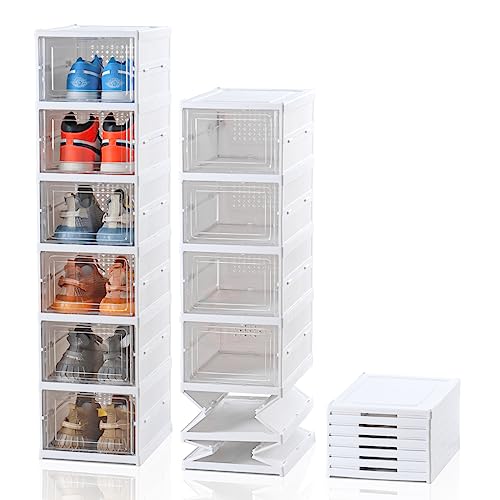 ELUCHANG Schuhboxen Stapelbar Transparent, Installationsfrei 6er Pack Schuhbox, Faltbar Schuhaufbewahrung mit Tür für Schrank Wand Turnschuhe Stöckelschuhe, bis Größe 45,weiß