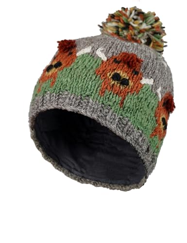 Pachamama Damen Woll-Bommelmütze, handgestrickt, Hochlandkuh, mehrfarbig, Einheitsgröße, handgefertigt, extra warm, Fair Trade, mehrfarbig, Einheitsgröße