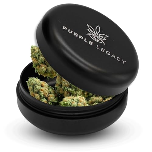 PURPLE LEGACY Ultra leichte Stash Box Aluminium Dose I Wasserdicht I Luftdicht I ø55x24mm I UV Licht geschützte Box für Pillen Kräuter Gewürze| Alternativer Taschenaschenbecher Schwarz