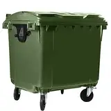 Bauer Müllcontainer mit 4 Rädern mit Flachdeckel, Müllgroßbehälter, Abfalltonne, Mülltonne, Volumen: 1 100 Liter, Farbe: Grün, Größe: 1 344 x 1 370 x 1 070 mm